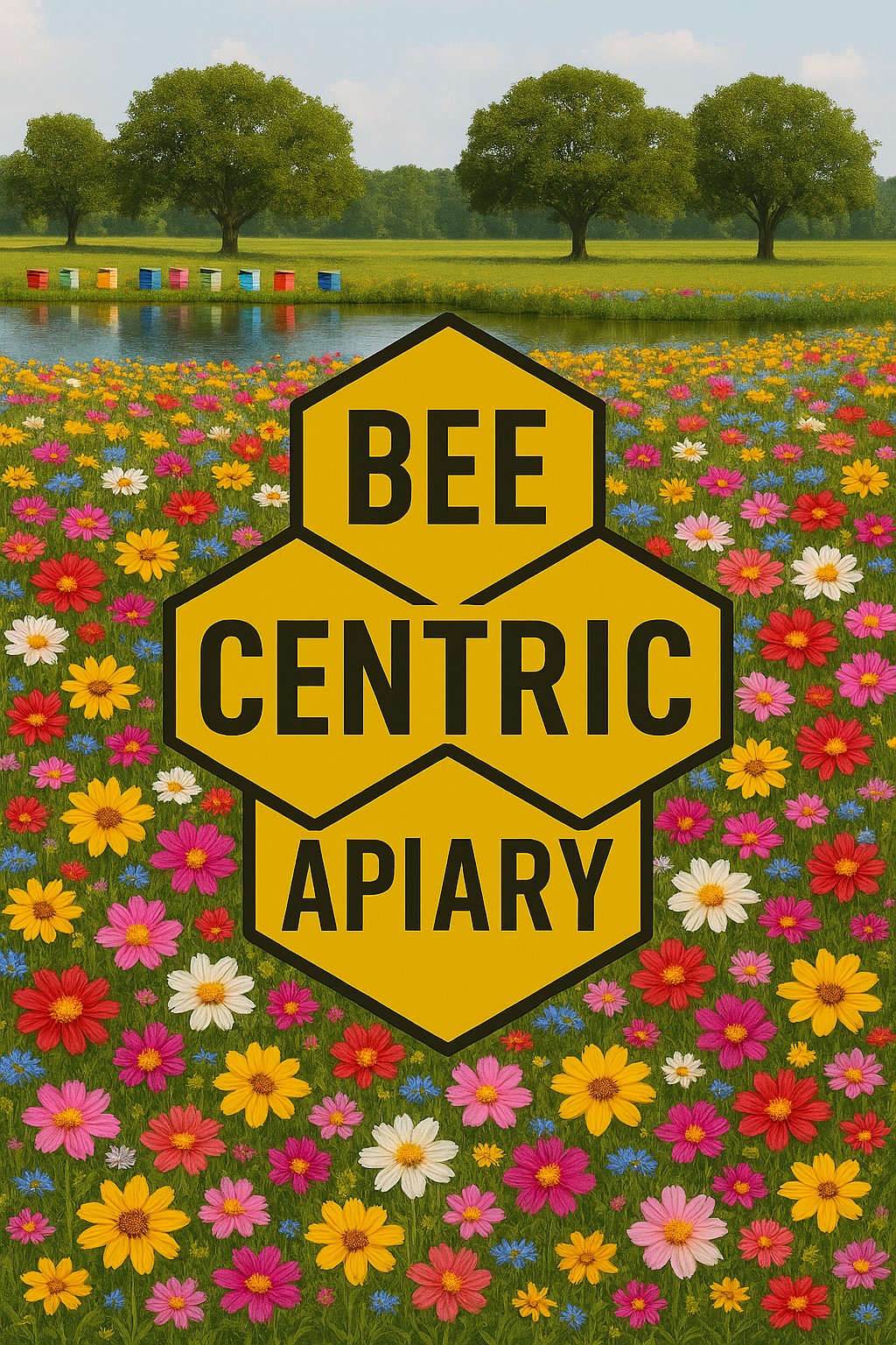 Bee Centric Apiary sign over flower field