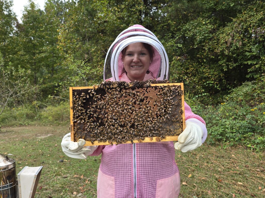 Beekeeper in pink suit holding bee-covered frame